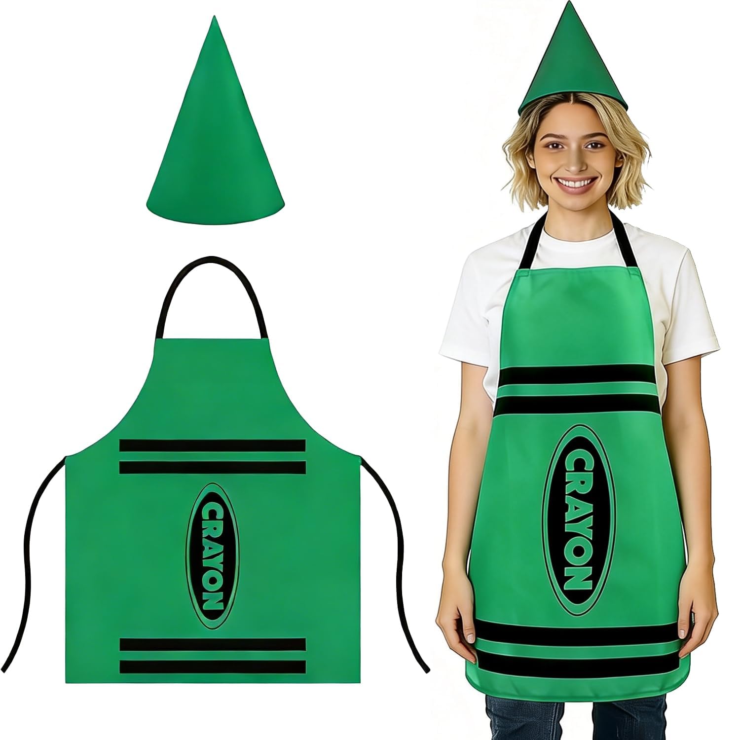 TIHNY Green Crayon Costume Set, Apron Tabard and Cone Hat, Fancy Dress Outfit for Adults, World Book Day Crayon Dress Up for Role Play