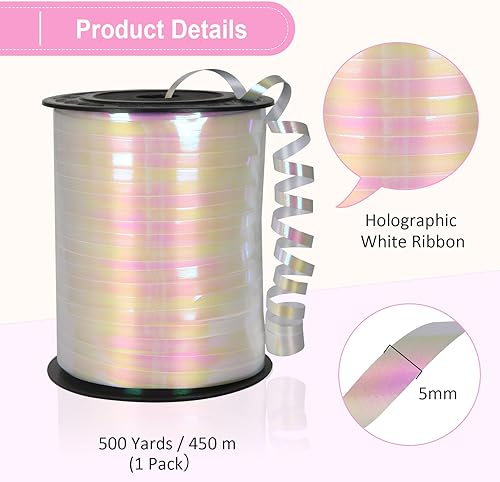 Miniatura 5 de Cinta rizadora blanca, cinta blanca iridiscente de 500 yardas, cinta rizadora para envolver regalos, cinta de globos, cuerda de globos, cinta