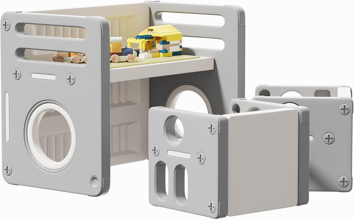 Kids Table and Chairs Set Toddler Activity for 1-3 Children Baby Drawing Craft Art Paly Montessori Table Desk for Mealtime Study for Playroom Nursery (Grey White-Double Chairs)