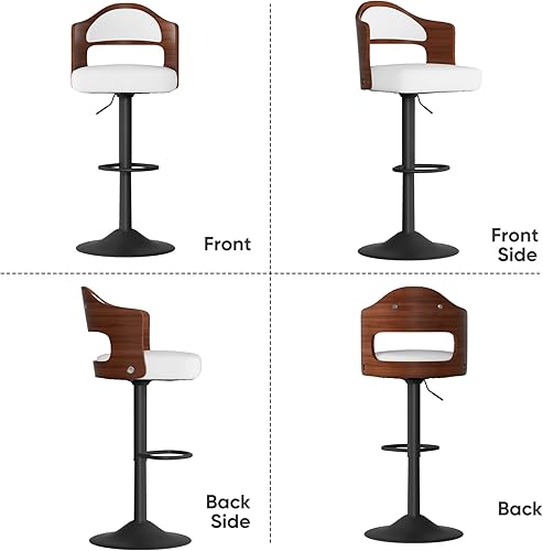 Miniatura 7 de Juego de 2 taburetes de bar giratorios de piel sintética tapizados de madera con respaldo y reposapiés, asiento ajustable de altura de 24.5 a 33.5