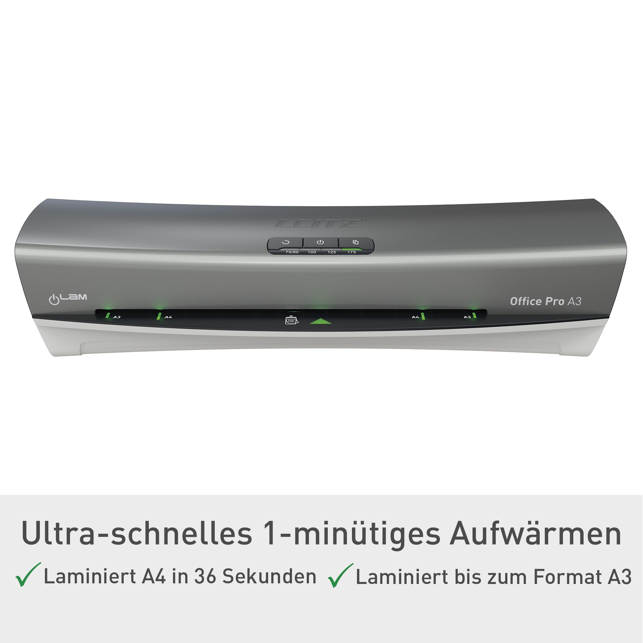 Leitz iLAM Office Pro A3 Laminiergerät, ultraschnelle Aufwärmzeit von 1 Min, für 75-175 mic Folien, Eingabehilfen-LEDs & LED-Status, Anti-Stau, Auto-Abschaltung, Hüllen-Starterkit, Grau/Weiß, 75180084