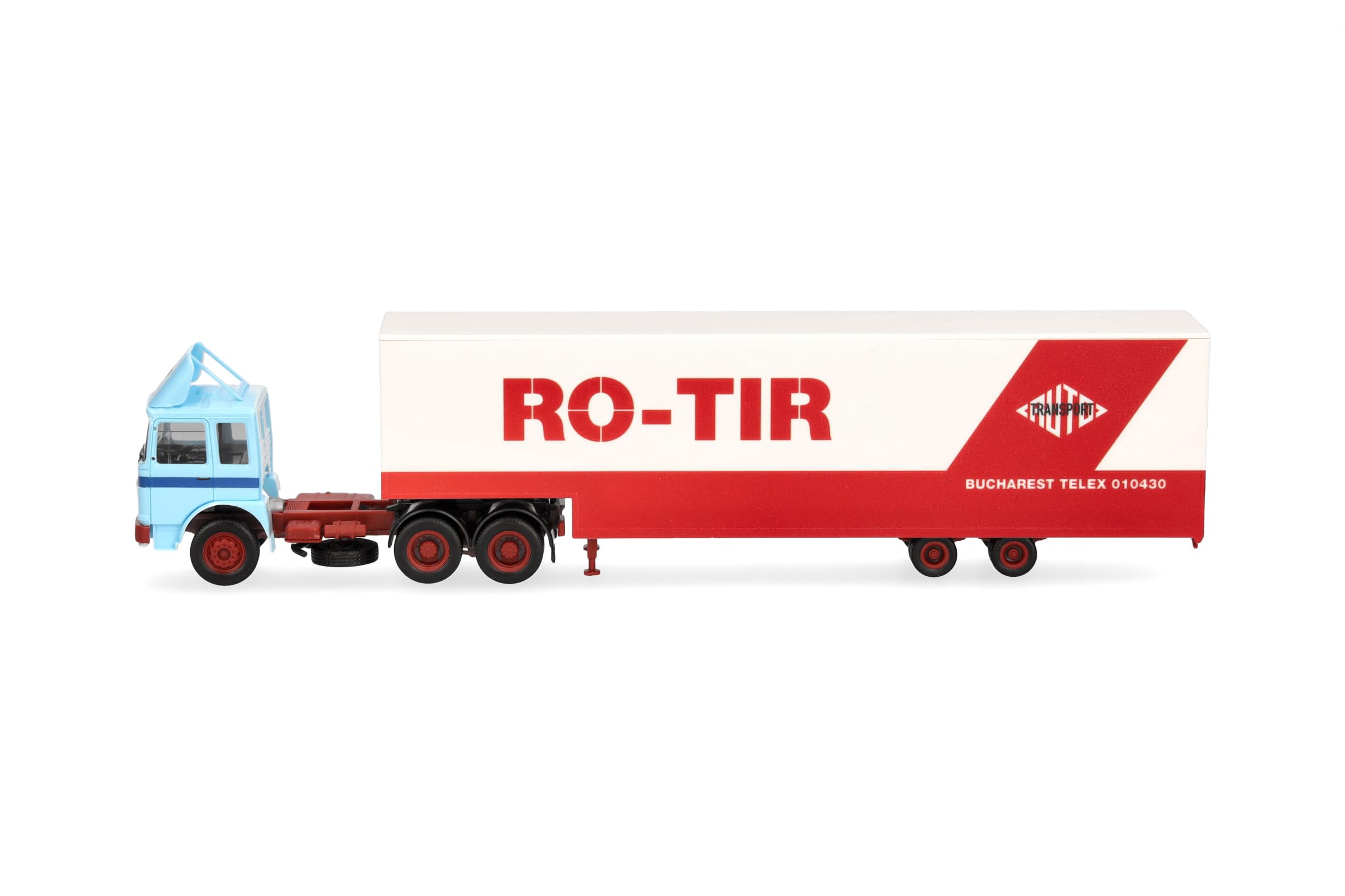 Herpa model ciężarówki Roman Diesel 6x4 zestaw z naczepą Jumbo „RO-TIR” (Rumunia), miniatura w skali 1:87, model kolekcjonerski, Made in Germany, tworzywo sztuczne