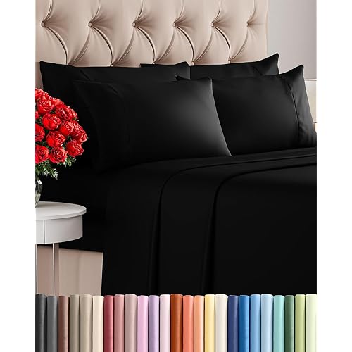 King 6 Piece Sheet Set - Comfy, Breathable & Cooling - Soft Hotel Luxury Bedding for Women, Men, Kids, Teens & Children - 1 Flat & 1 Fitted Sheet & 4 Pillowcases w/ Deep Pockets - Wrinkle Free - Black