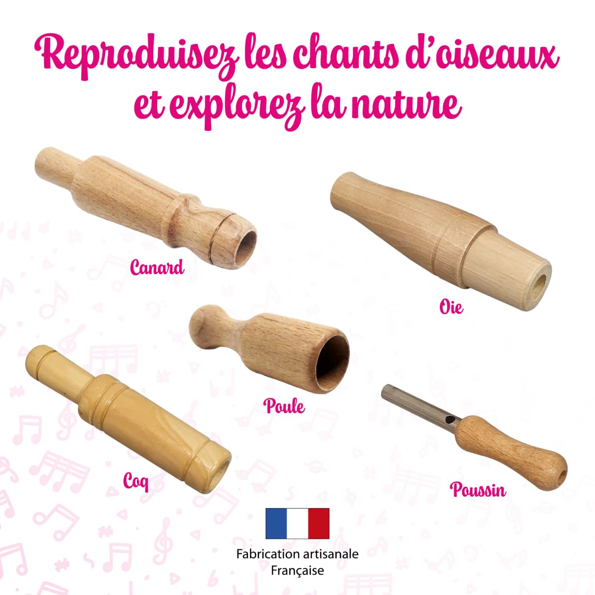 Fuzeau - Coffret De 5 Appeaux En Bois Naturel Pour Oiseaux De Basse-Cour - Reproduction Fidèle Des Sons Animaliers - Ambiance Nature – Dès 4 Ans – Instrument Ludique Et Éducatif - Réf. 78321