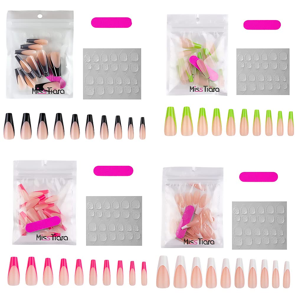 MissTiara Press On Nails - 80-Piece 4-Colors Removable Multicolour False Nails Set for Women, Include Adhesive Sticker and Mini Nail File (Multicolour B)