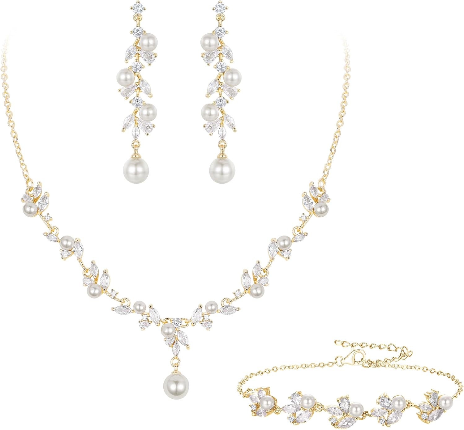 EleQueen Women's Simulated Pearl Wedding Jewelry Set, Cubic Zirconia Marquise Floral Bridal Necklace Earrings Bracelet Sets