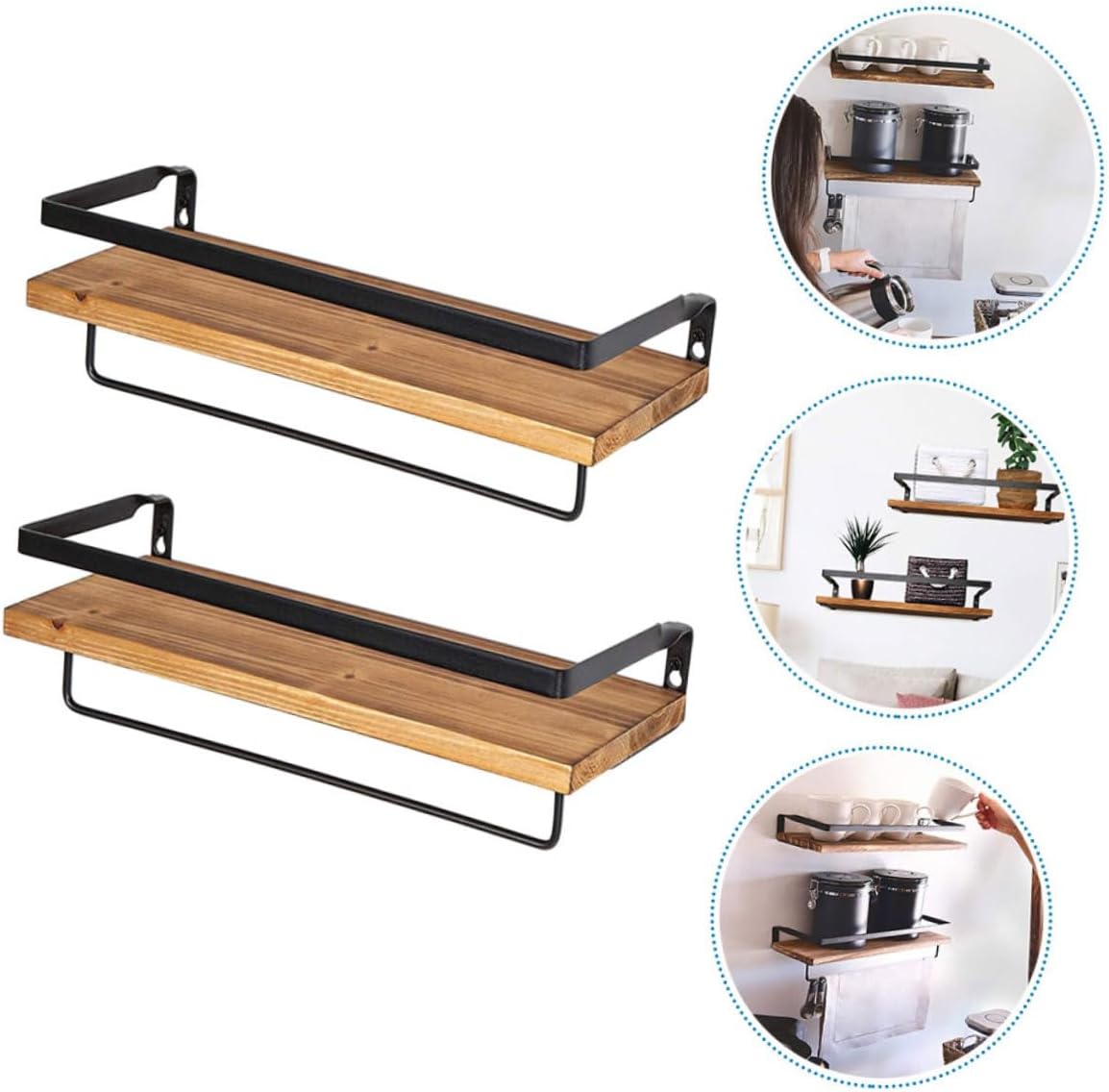 FUOYLOO 2pcs Pine Wood Wall Storage Shelf Set with Hooks, Kitchen and Bathroom Floating Towel Rack Organizer, 40x15x8cm Rustic Hanging Utility Racks for Home Storage