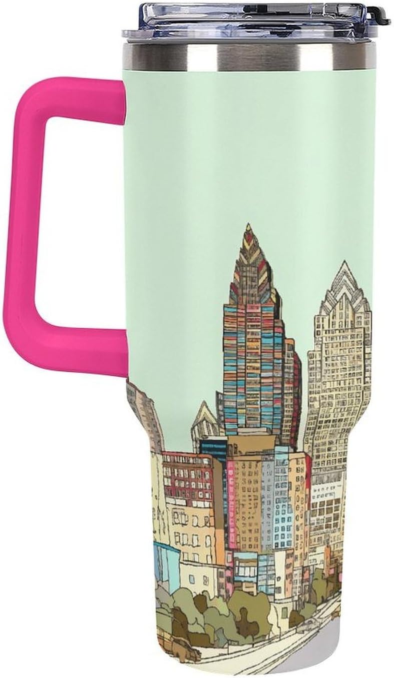 Austin Texas Tumbler Stainless Steel Large Car Cup with Handle&Straw Lid Portable Coffee Cup Leak-proof Water Bottle Insulated Vacuum Travel Mug for Home Outdoor 40oz