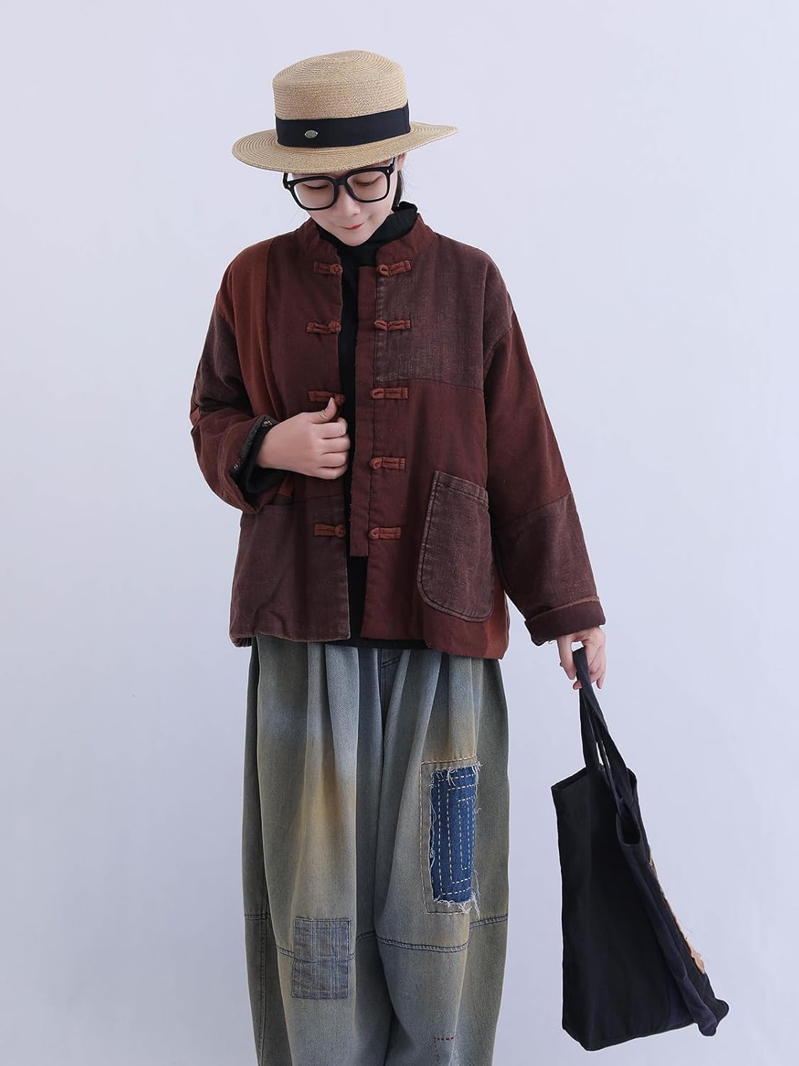 LZJN Women's Retro Patchwork Linen Cotton Jacket Loose Frog Button Front Short Cotton Coat With Pocket