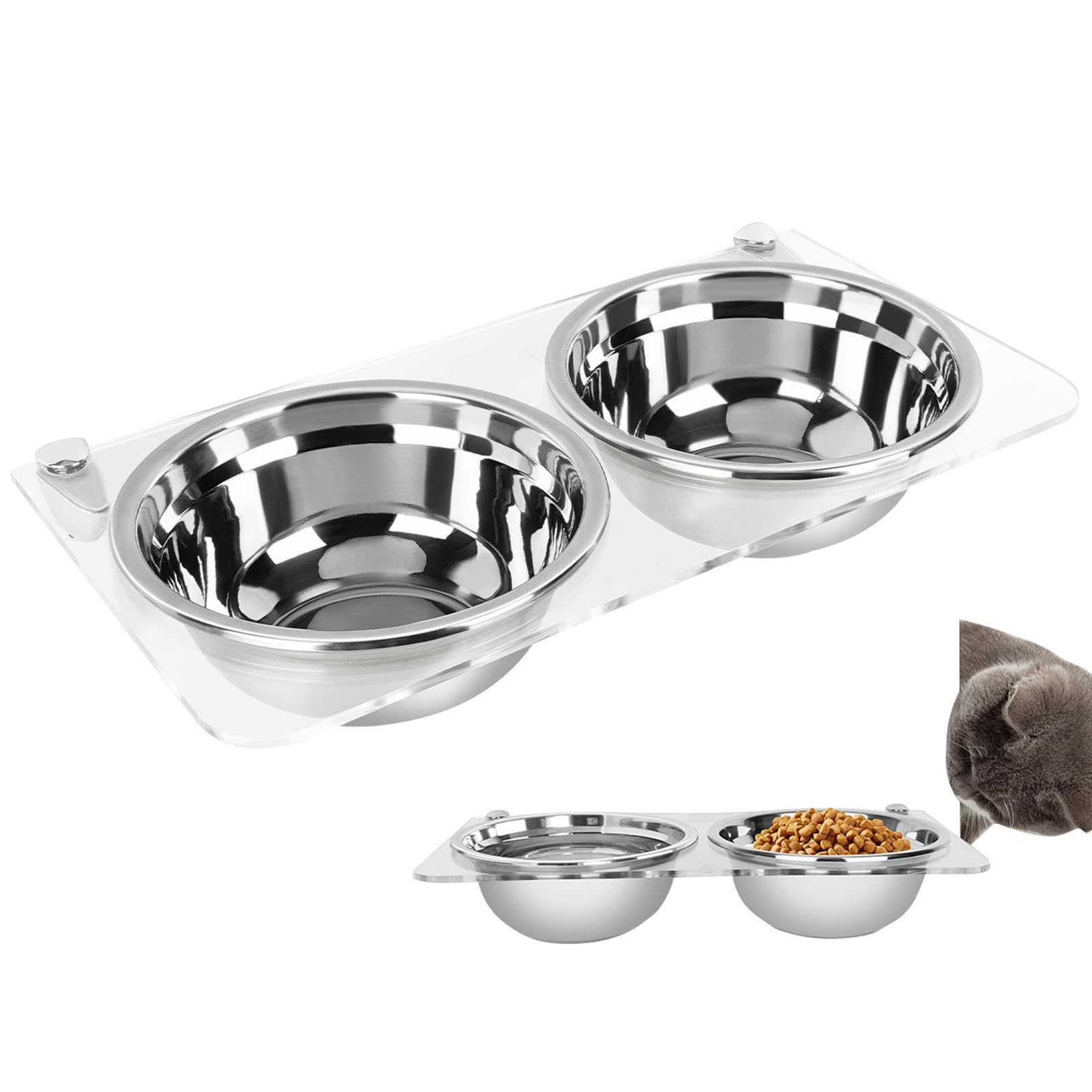 Mangiatoia rialzata per animali domestici, 38,5 x 20 cm, supporto per | ciotole in acrilico da parete, set di doppi in acciaio inossidabile, stazione 'acqua per cibo da appendere, supporto