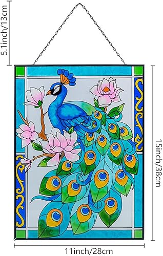 Miniatura 6 de Pavo real para colgar en la ventana, 11 pulgadas de ancho x 15 pulgadas de alto, panel de vitral con cadena, atrapasoles para decoración colgante de