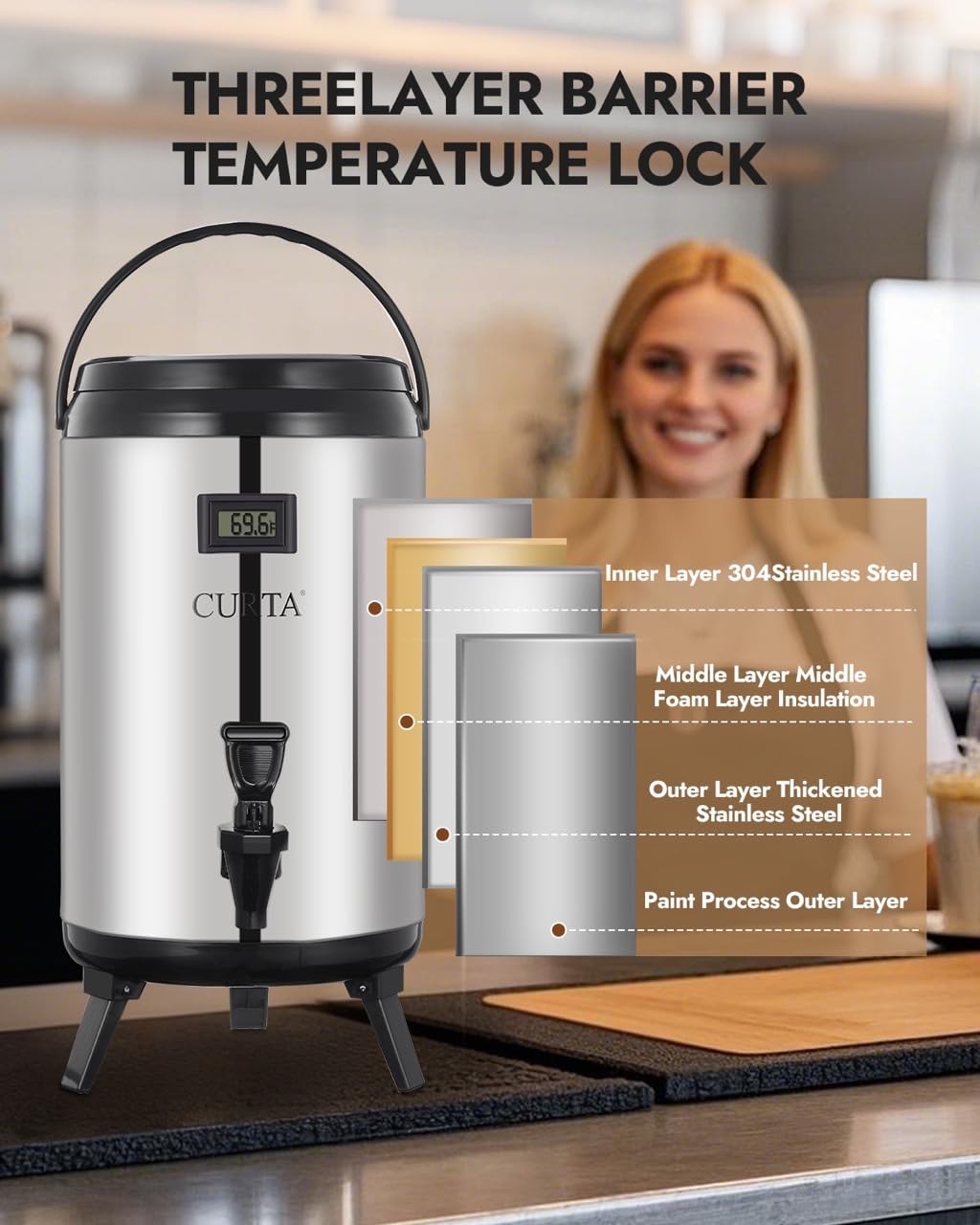 Dispensador de bebidas aislado de acero inoxidable, dispensador térmico de bebidas de café caliente y frío con espiga para agua caliente, té y café, leche fría, jugo y más, verde azulado, 10 litros