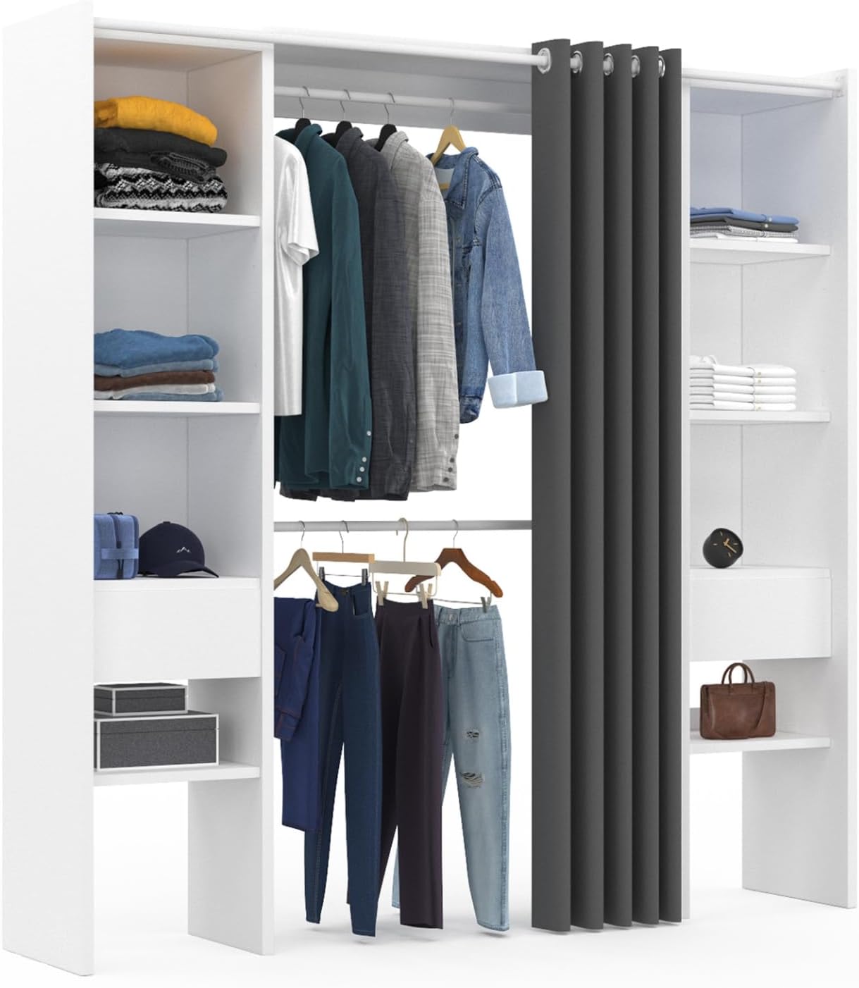 Dressing Extensible Marty 120-170 X 50 X 180 Cm - Blanc Avec 3 Tiroirs, 3 étagères, Double Penderie, Rideau Gris