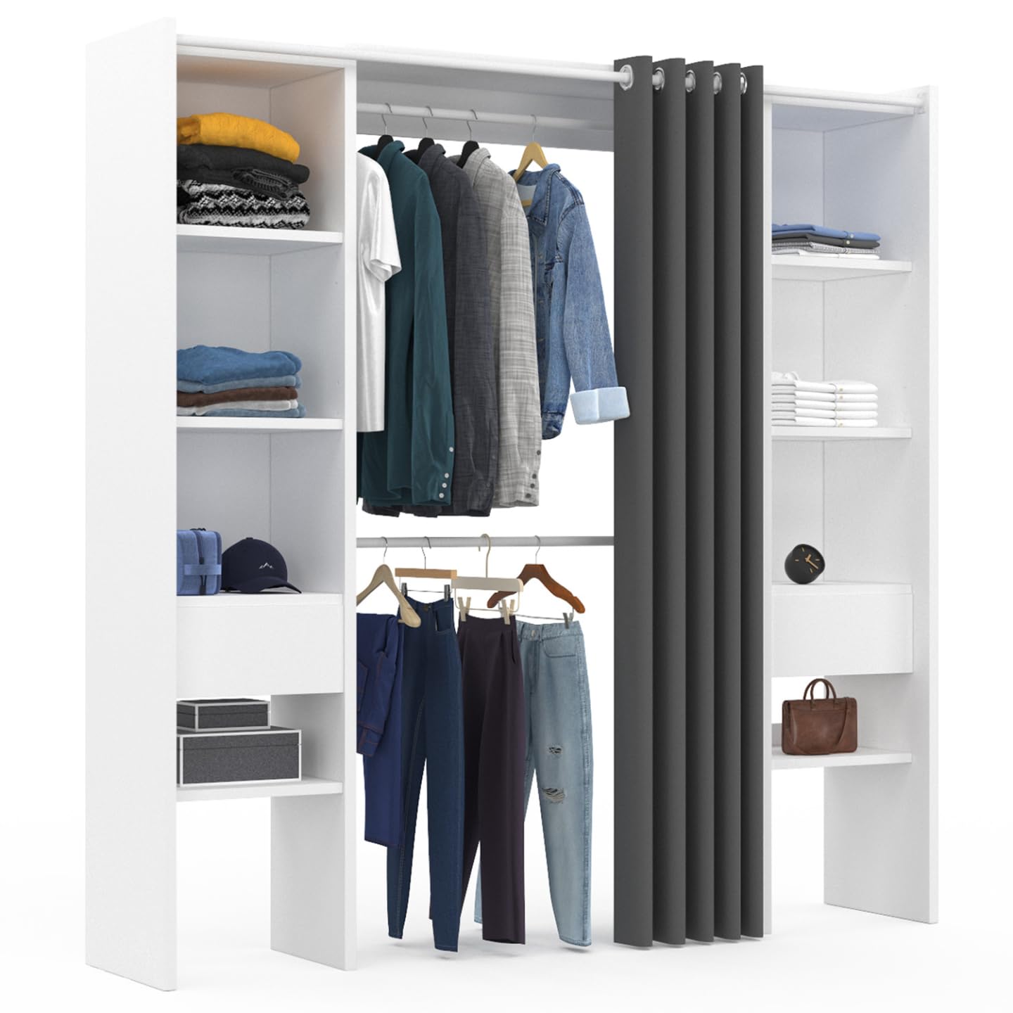 IDMarket - Dressing extensible double MERYL 120/​180 x 50 x 180 cm blanc avec étagères + double penderie + rideau gris