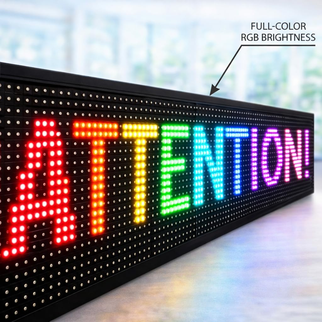 P10 Outdoor LED Scrolling Sign 77” x 14”, 5000 Nits High Brightness WiFi Programmable Full-Color Message Board, IP45 Waterproof Digital LED Display for Business Storefront Advertising