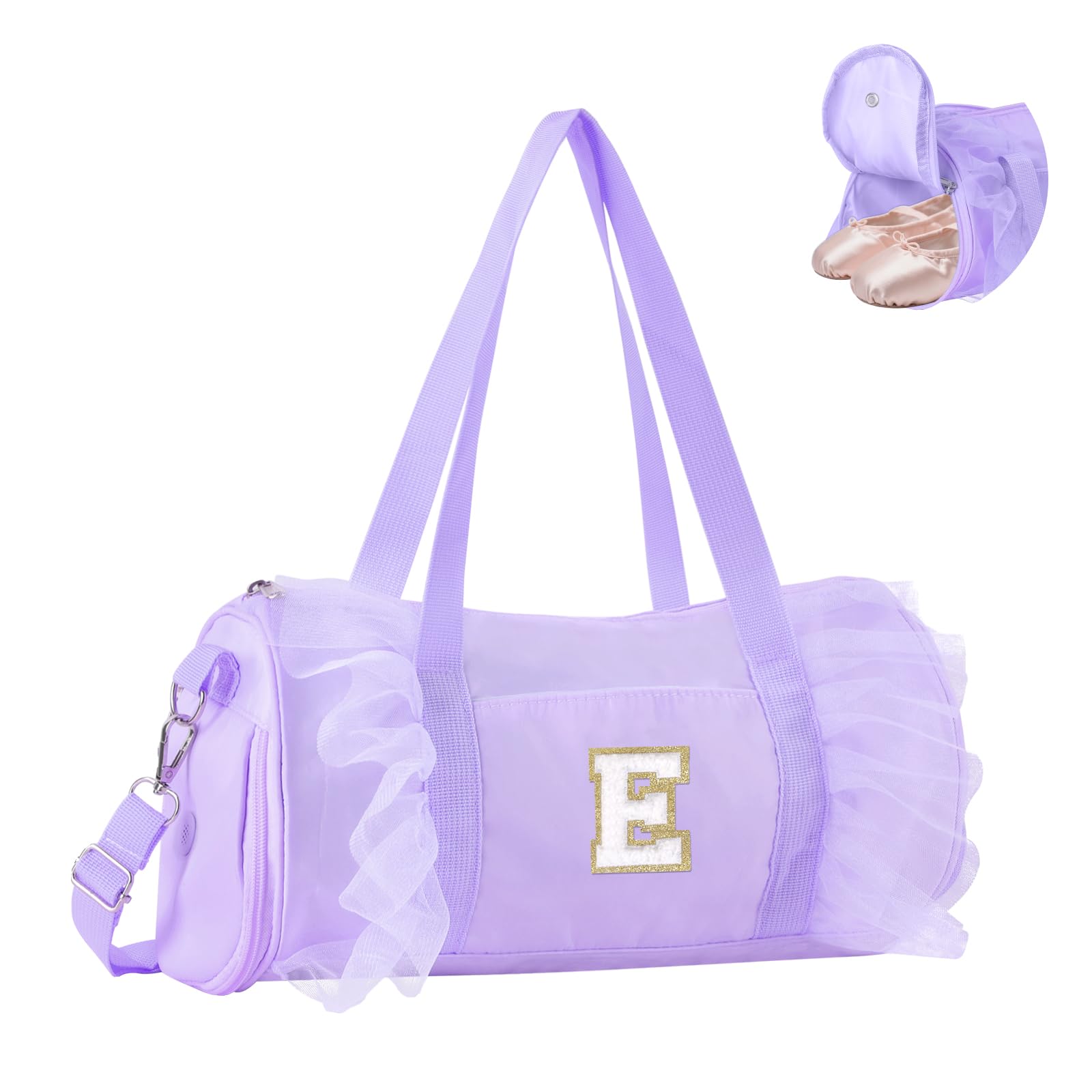 Personalized Initial Dance Bag for Girls 4-6, Small Lace Gym Sport Yoga Cheer Dance Bags Gift for Teen Girls, Cute Letter Kids Ballet Bag Toddler Travel Duffel Tote with Adjustable Straps(Purple-E)