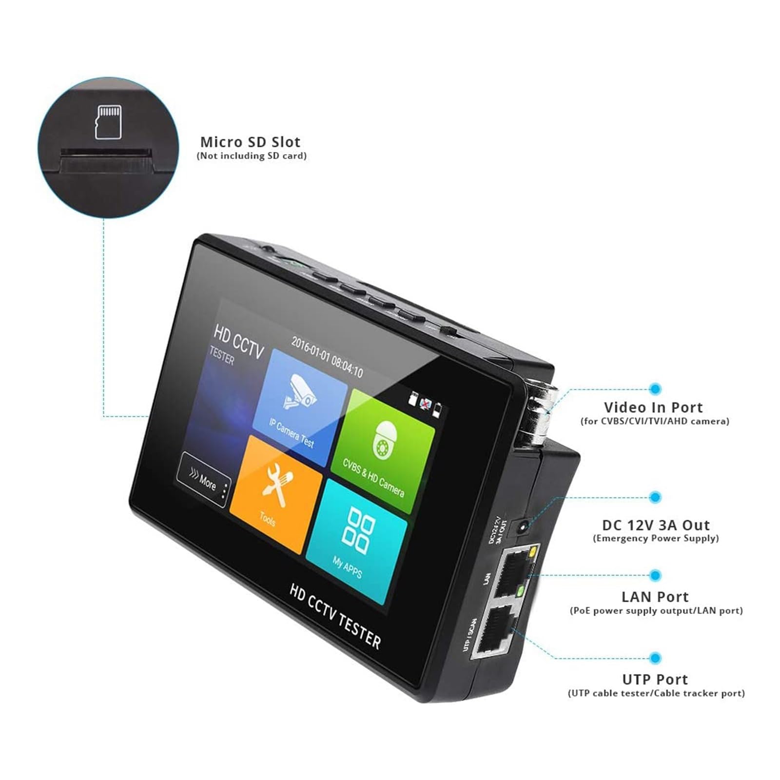 Tester for Telecamera CCTV IP analogico 5-in-1 TVI AHD CVI Tester di Sicurezza della Batteria Integrato Test Video PTZ 4K