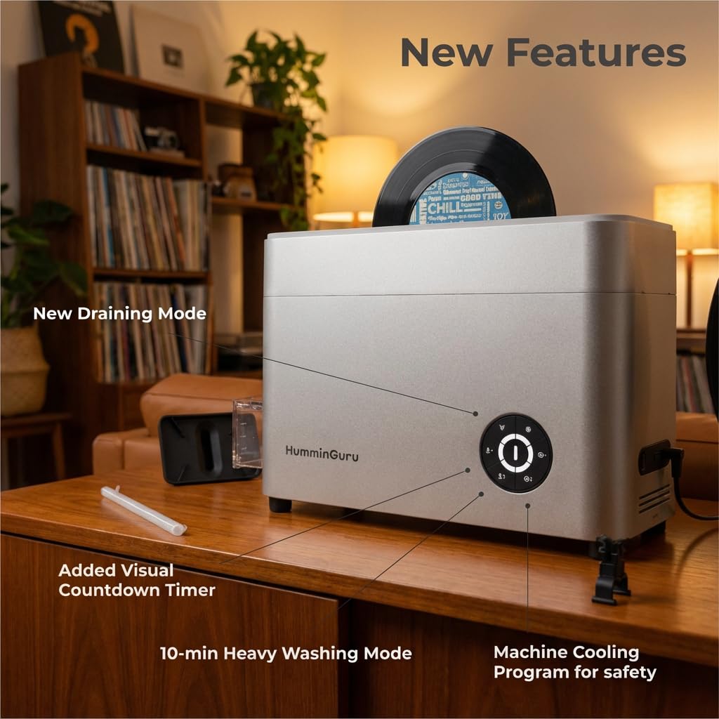 HumminGuru Ultraschall-Schallplattenreiniger – 40-kHz-Ultraschall-Schallplatten-Reinigungsgerät mit automatischer Trocknung, schallplatten reinigungsset mit wasserfilter (Weißer Sand, 7/10/12 Zoll)