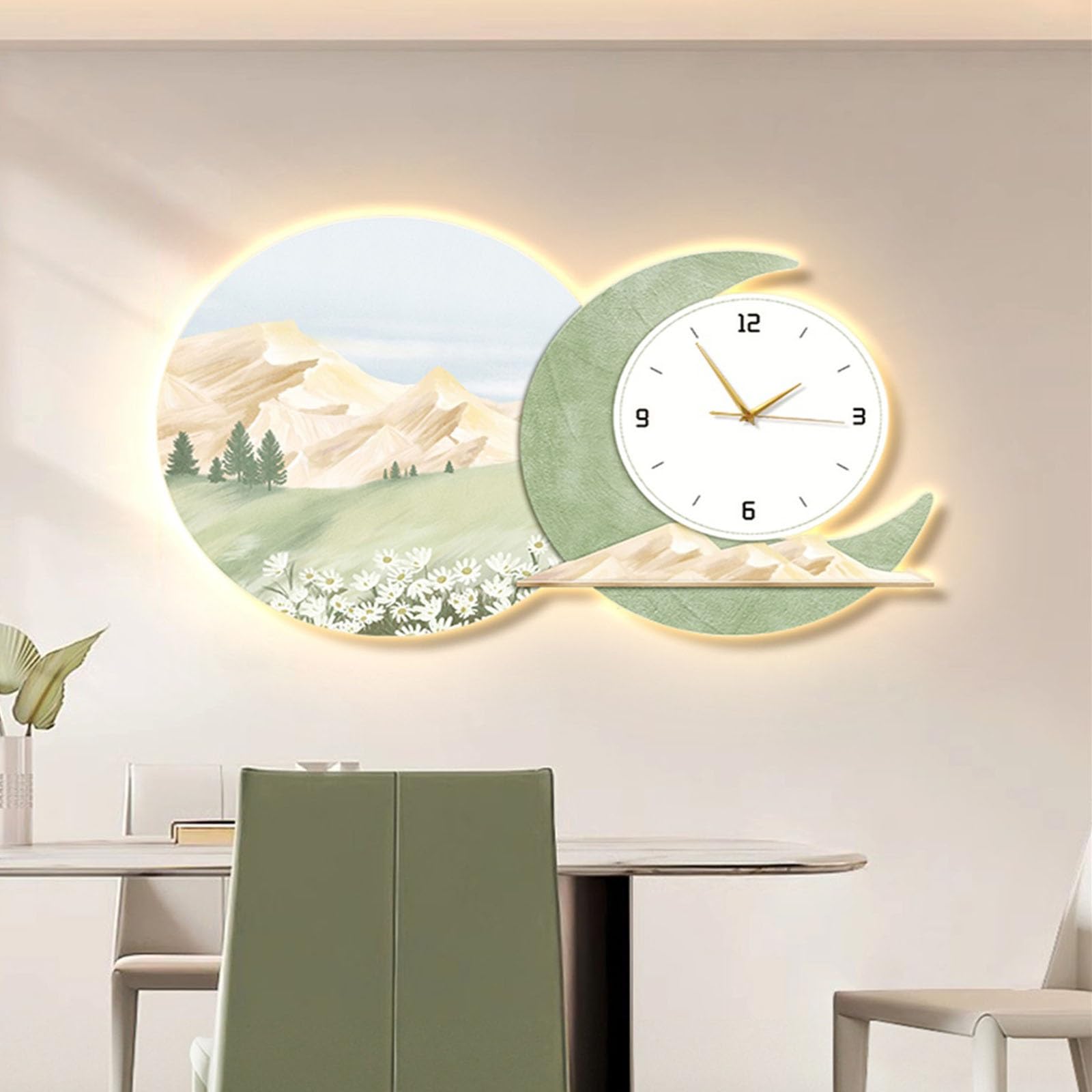 Dekoracyjny obraz z zegarem Crystal Porcelain Wall Painting Wall Clock Set, Wall Art Hanging Clocks, Luxury High End Modern Decorative Lampa ścienna(Green,80 * 60cm)