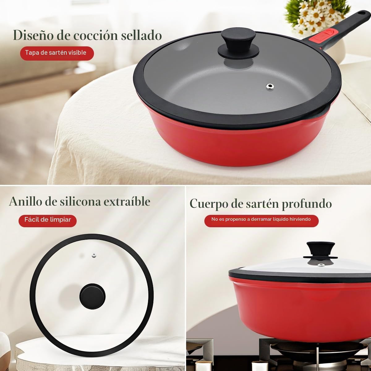 Sartén 24cm con Tapa, Sartén Antiadherente de Aluminio- Rojo