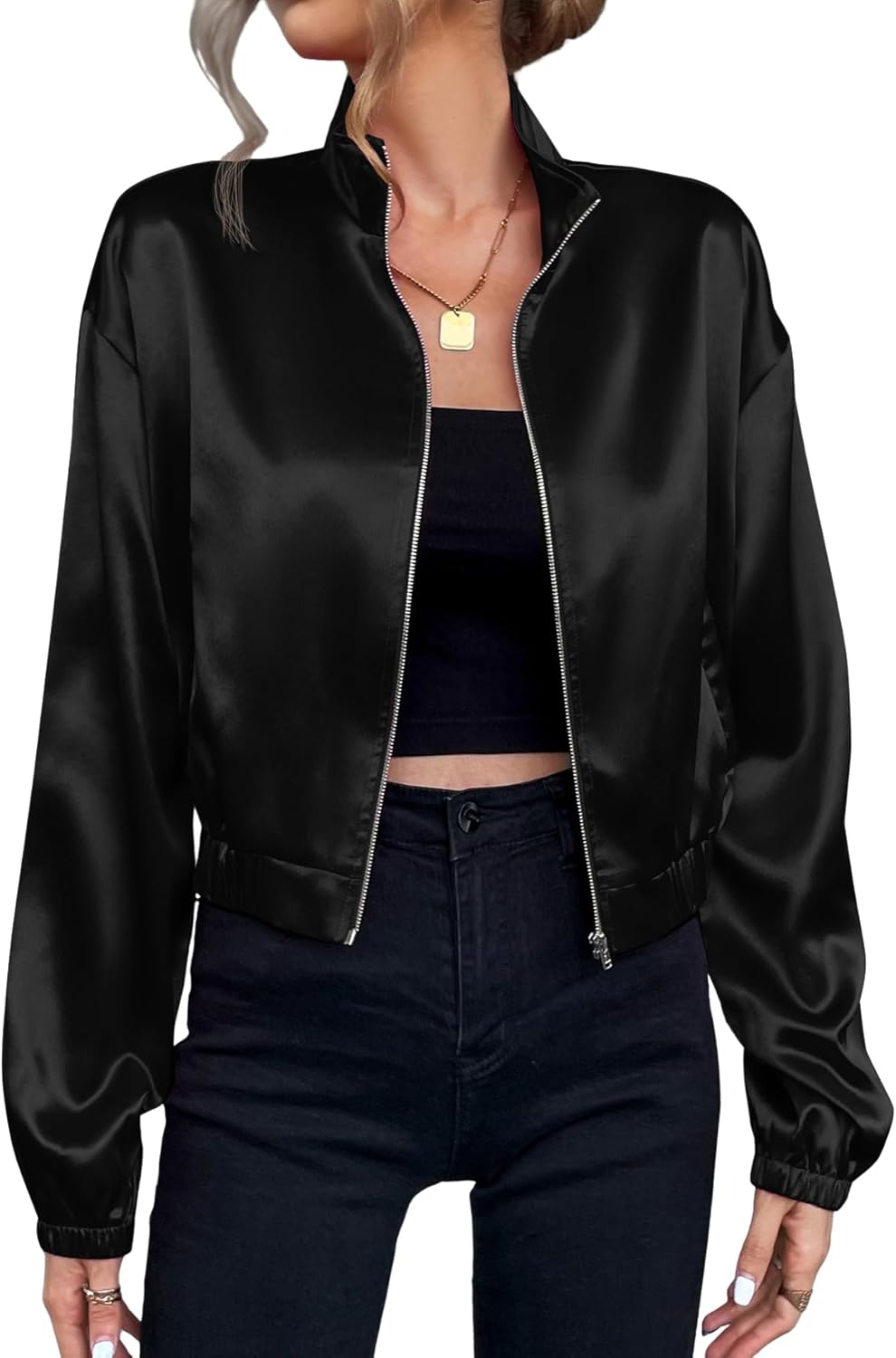 Verdusa Women's Bomber Satin Lightweight Jacket Drop Shoulder Long Sleeve Zip Up Outerwear