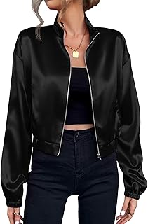 Verdusa Women's Bomber Satin Lightweight Jacket Drop Shoulder Long Sleeve Zip Up Outerwear