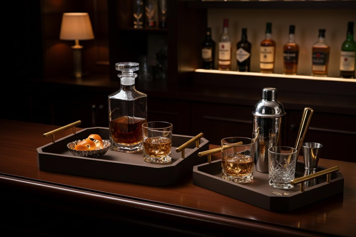 Luxury Decorative Wooden Serving Trays, Dark Brown Hexagonal Design with Gold Handles, 18x12 in/13.7x8.8 in, Modern Ottoman Tray Set of 2 for Coffee Table, Bar, Home Decor, Serving