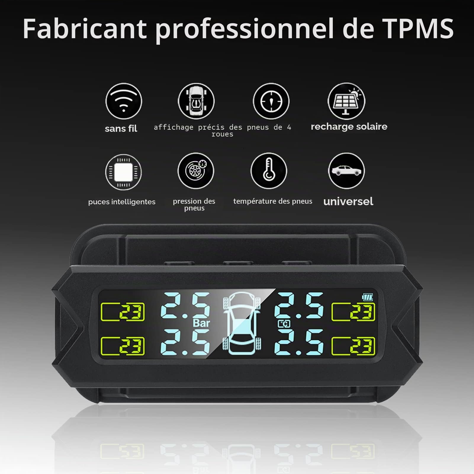 Shkalacar USB/Solar TPMS 0-81 PSI Système de Surveillance de la Pression des pneus avec 4 capteurs, 5 Modes d'alarme, écran LCD avec rétroéclairage Automatique pour Voiture berline SUV MPV