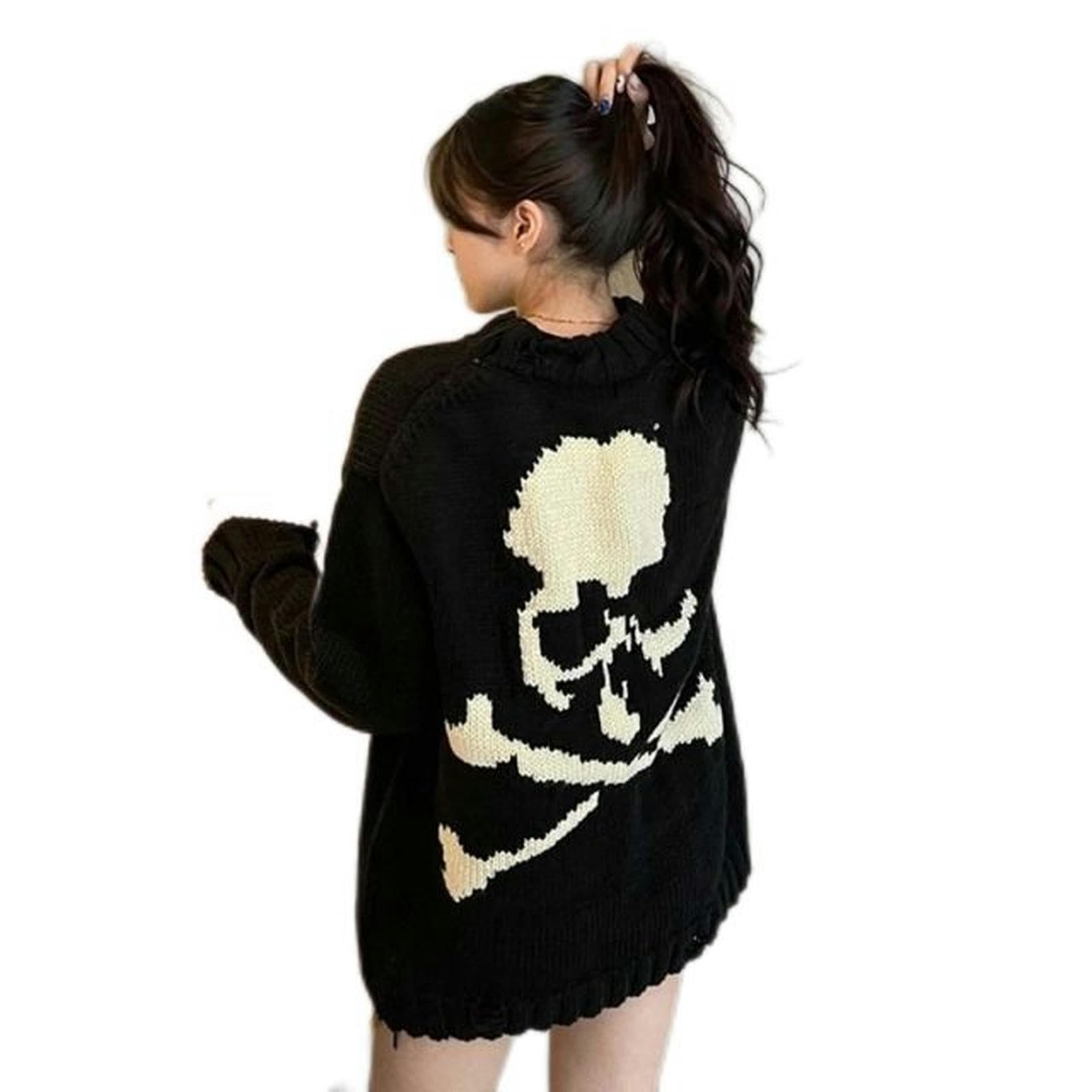AYAZER Goth Punk Black Skull Sweater Women Harajuku Gothic Pullover Vintage Knitted Jumper Oversized Chic Knitwear Streetwear-Black-L