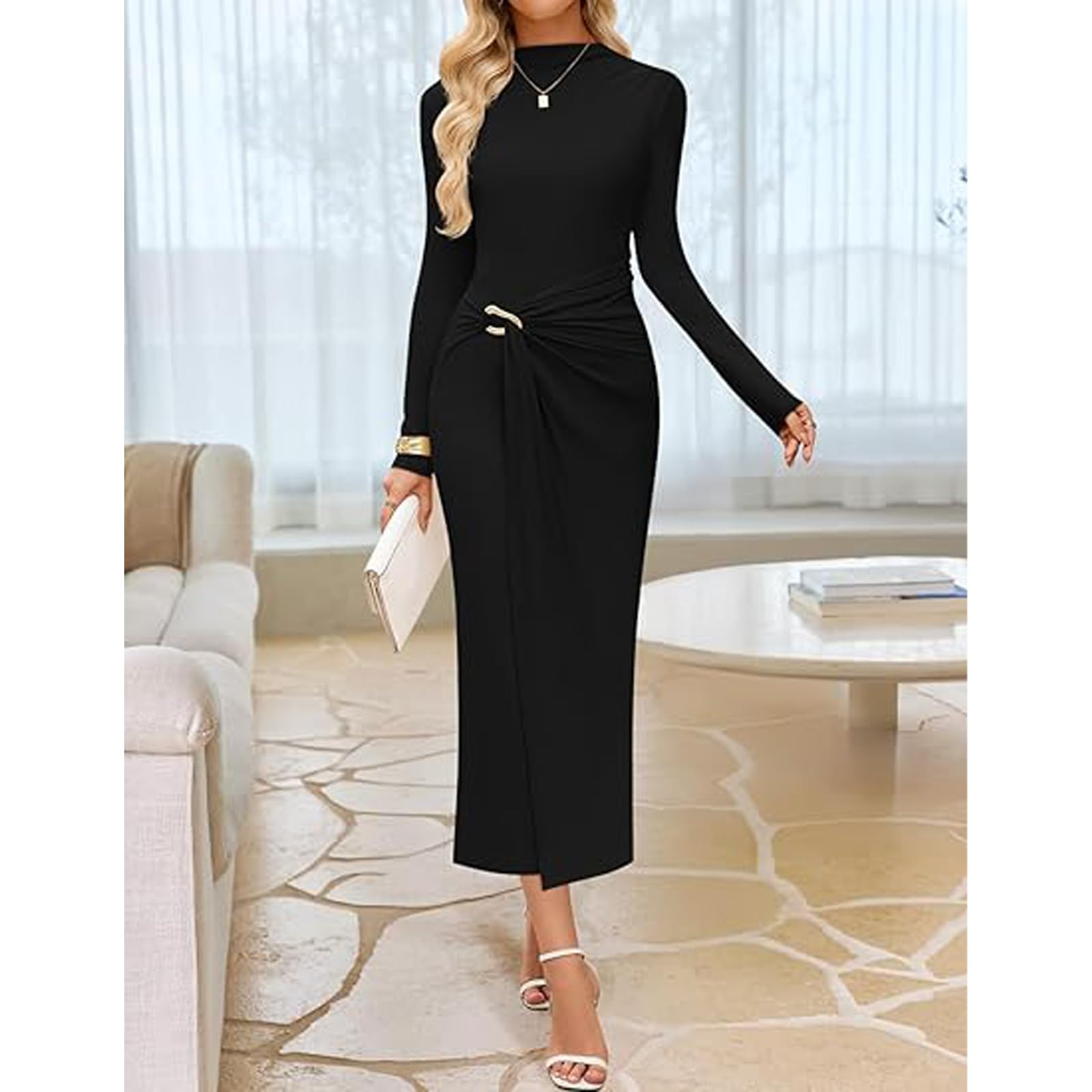 Vestito da Cocktail Donna Sexy Maniche Lunghe Aderente Maxi Abito Elegante Cerimonia Vestiti Lungo Business Abito da Cocktail Formale Lavoro Autunno e Invernale per Sera Partito Festa Matrimonio