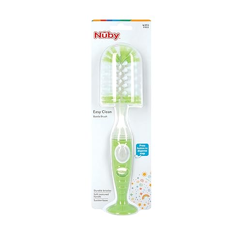 Miniatura 5 de Nuby Cepillo para botella de cerdas suaves y duraderas con asas texturizadas y base de succión, sistema 2 en 1, color verde