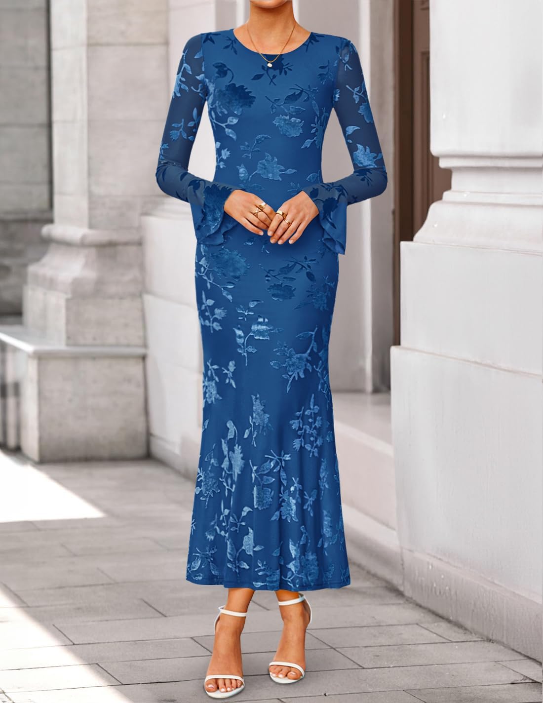 ZESICA Women's 2026 Bell Long Sleeve Floral Maxi Dress Spring Fashion Bodycon Mesh Wedding Guest Cocktail Party Dresses - Image 5