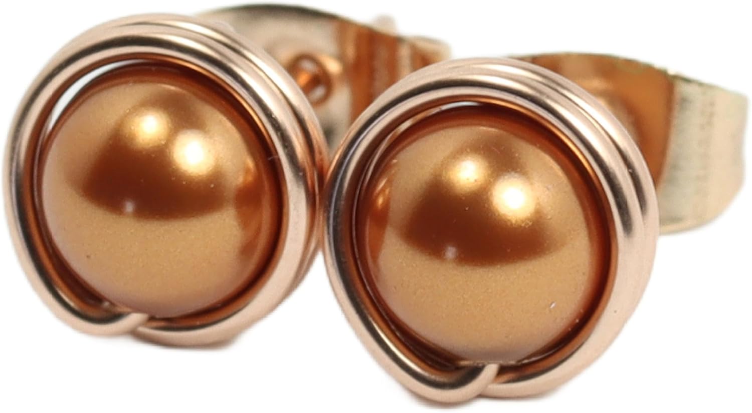 Jessica Luu Jewelry Rose Gold Copper Pearl Stud Earrings Wire Wrapped Handmade