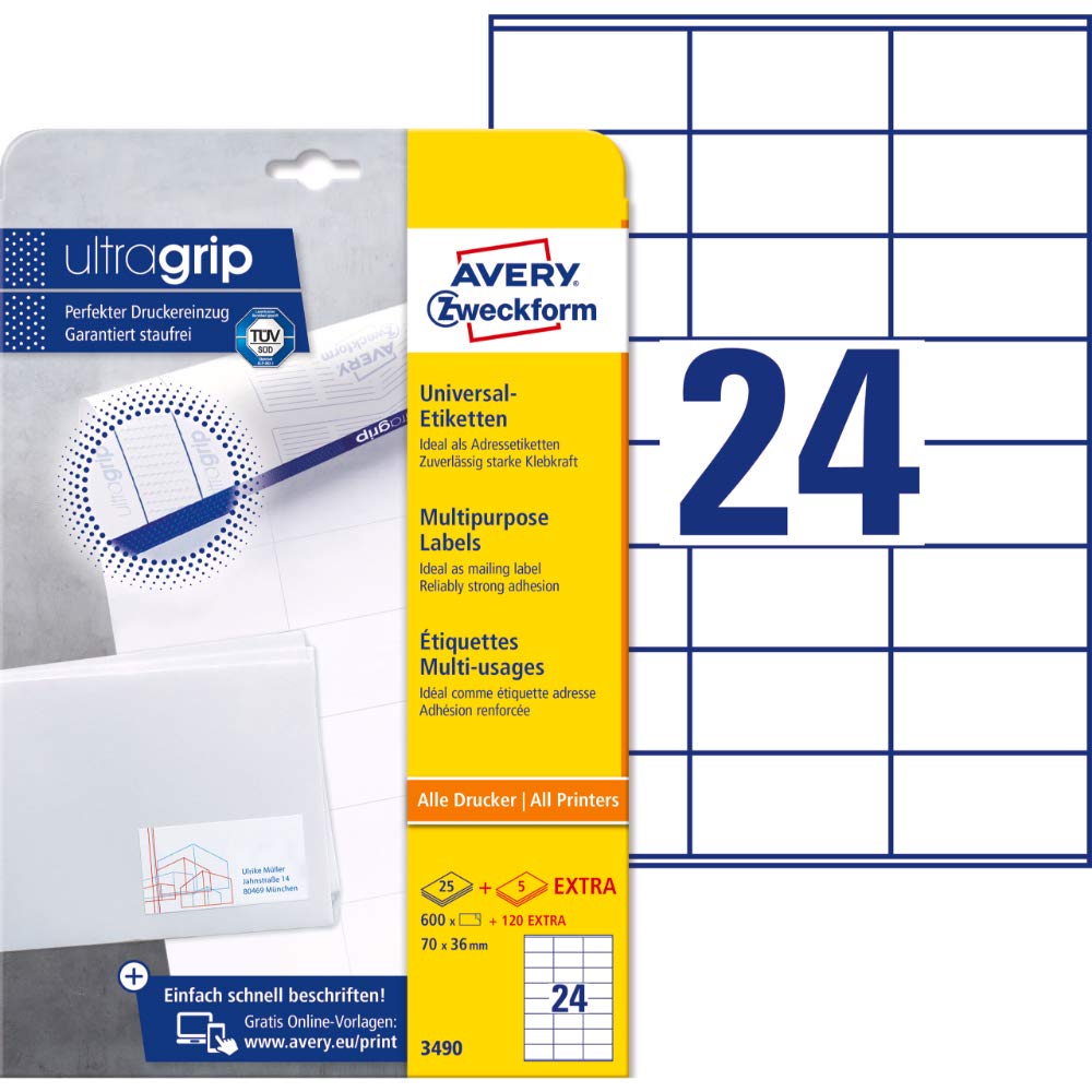 AVERY Zweckform L4784-20 Namensetiketten (540 Namensaufkleber, 63,5x29,6mm auf A4) 20 Blatt, weiß & 3490 Adressaufkleber (600 plus 120 Klebeetiketten extra, 70x36mm auf A4) 30 Blatt, weiß