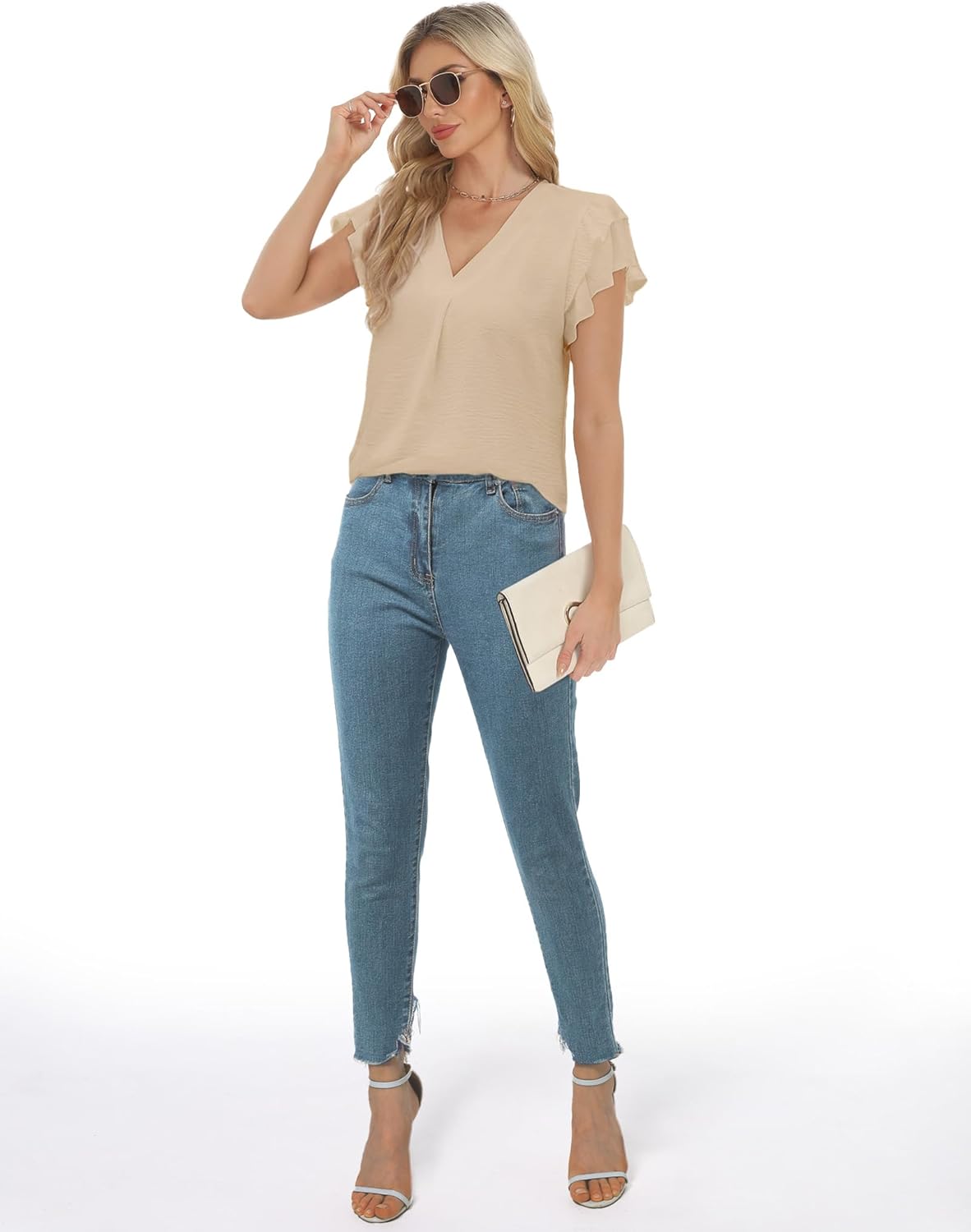 AURUZA Blouses for Women Dressy Casual, V Neck Ruffle Short Sleeve Business Casual Tops Wrok Office Flowy Summer Shirts - Image 5