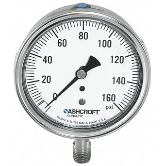Ashcroft Duralife Type 1009 Stainless Steel Case Glycerin Filled Pressure Gauge, Stainless Steel Tube and Socket, 3.5" Dial Size, 1/4" NPT Lower Connection, 0/100 psi Pressure Range