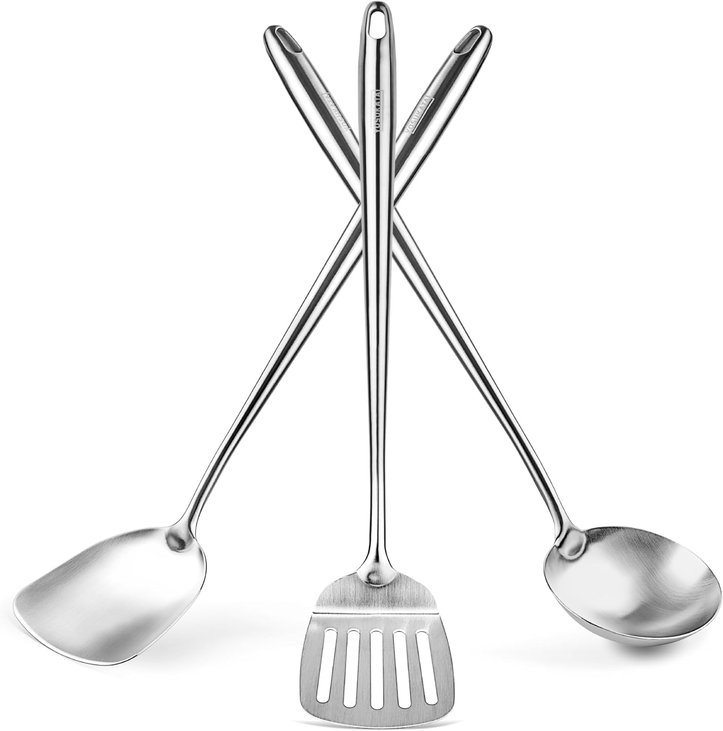 OSUKATA Espátula y Cucharón y Espátula de Cocina Ranurada para Wok 43 cm - Juego de Utensilios de Acero Inoxidable 304 - Cuchara Ranurada - Cucharón Sopa - Pala Cocina - Accesorios de Wok