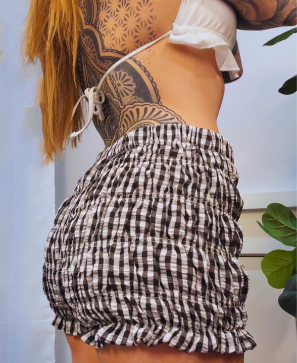 Image of Cute Bloomers Shorts for Women Y2k Ruffle Gingham Bottoms Low Rise Lounge Boy Shorts Plaid Mini Pj Boxers