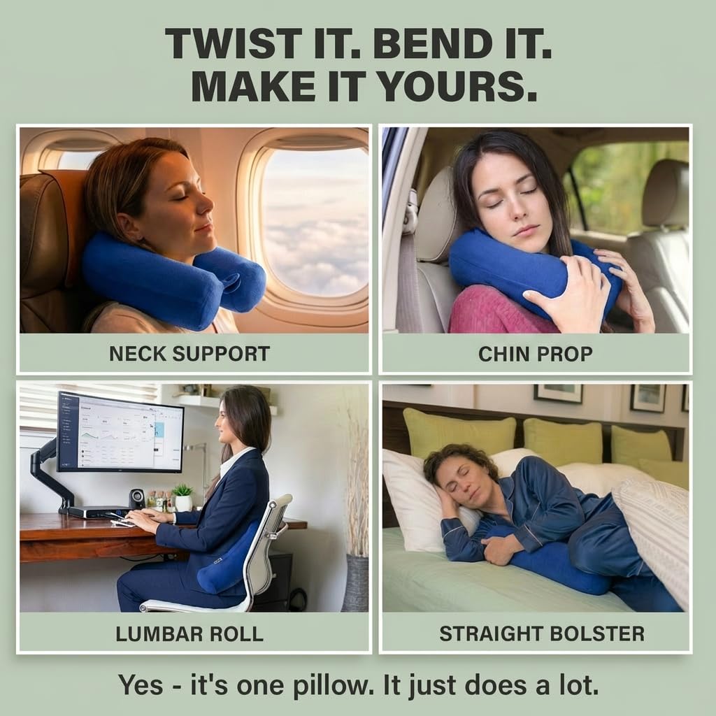 Dot&Dot Twist Memory Foam Reisekissen für Flugzeuge - Reise-Nackenkissen zum Schlafen - Flugzeugkissen für Nackenstütze, Kinn, Lendenwirbelsäule und Bein - Verstellbares, biegbares Nackenrollenkissen