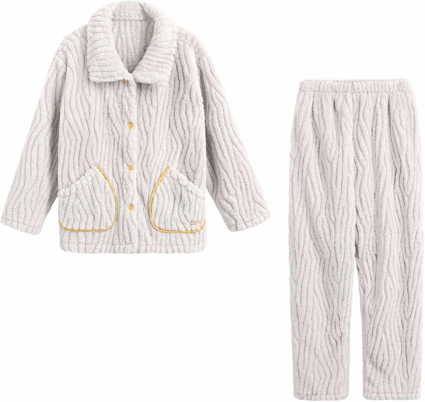 Oplxuo Women's 2 Piece Outfits Fuzzy Fleece Pajama Set Long Sleeve Lapel Button Down Top Wide Leg Pants Plush Loungewear
