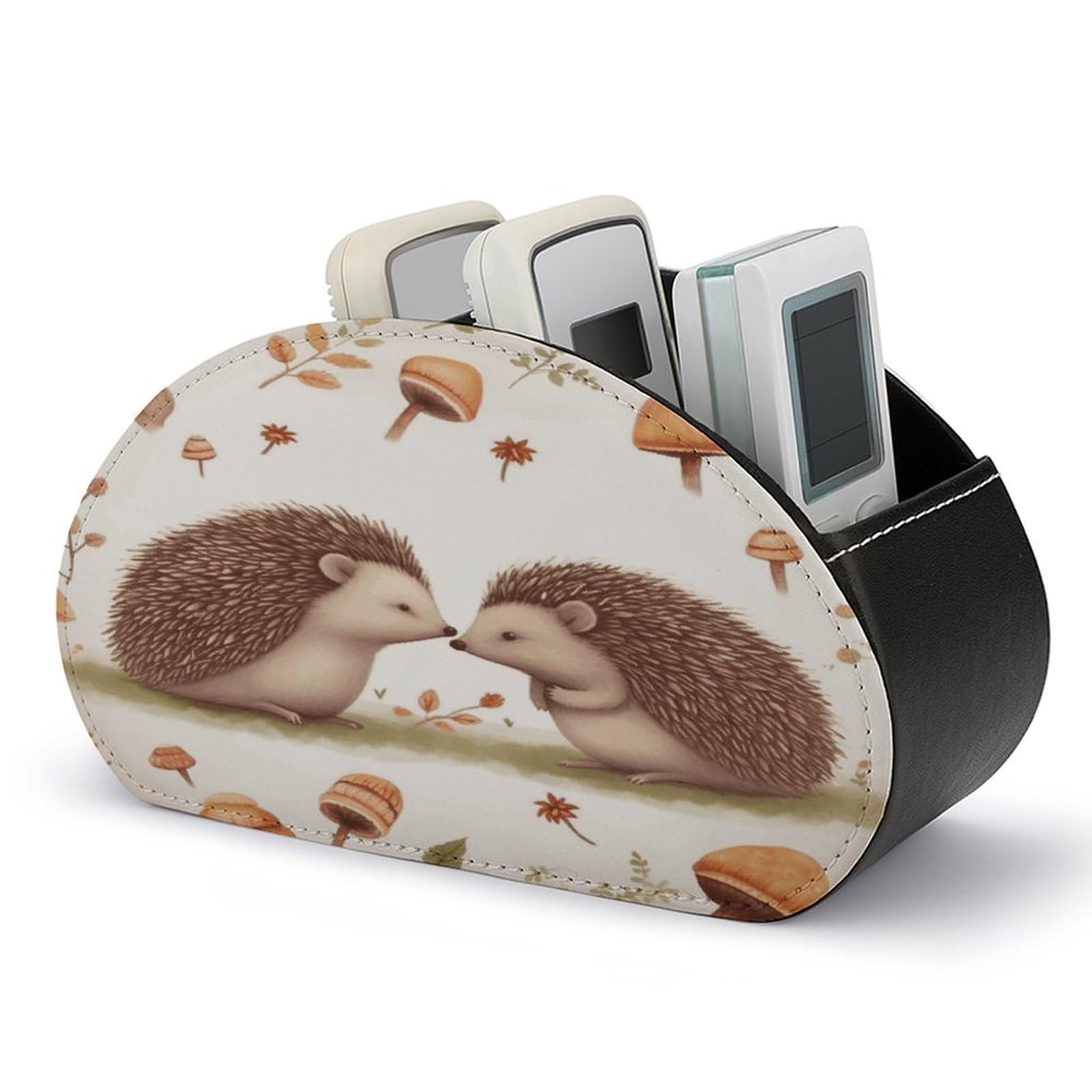 JTREHY Nature Lovely Hedgehog Lovers Remote Control Holder 5 Compartments Remote Caddy Tray PU Leather TV Remoter Storage Box Bedside Table Storage Organizer Office Desk Storage Case