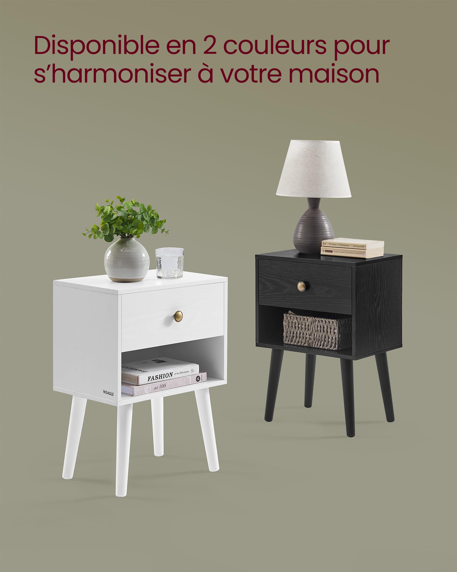 VASAGLE Table de Chevet, Table d'appoint avec tiroir de Rangement et étagère Ouverte, Pieds en Bois Massif, Table d'appoint pour Salon, Chambre à Coucher, canapé, Noir ébène LET655B56