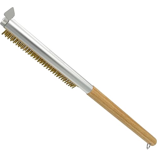 Pizza Stone Brush, 20.5-inch Pizza Oven Brush with Scraper, Brass Bristle, Wood Handle