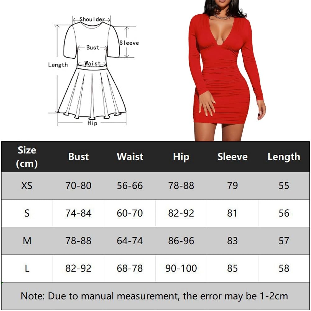 Haibang Robe Moulante à Manches Longues pour Femmes Sexy Profonde Col en V Wrap Mini Robe Élégante Robe Courte Bodycon Dress Chic Et Glamour pour Soirée Cocktail Party Fête Club Bal Décontractée