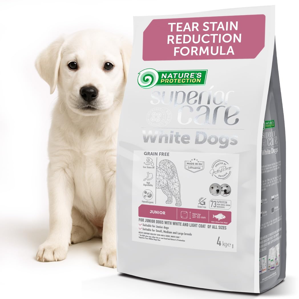 Nature's Protection Superior Care Grain-Free Dry Dog Food - Hypoallergenic Dog Food with White Fish for Junior White Dogs - All Breeds - Omega 3 & 6 - Reduces Tear Stains, Healthy Skin & Coat (4kg