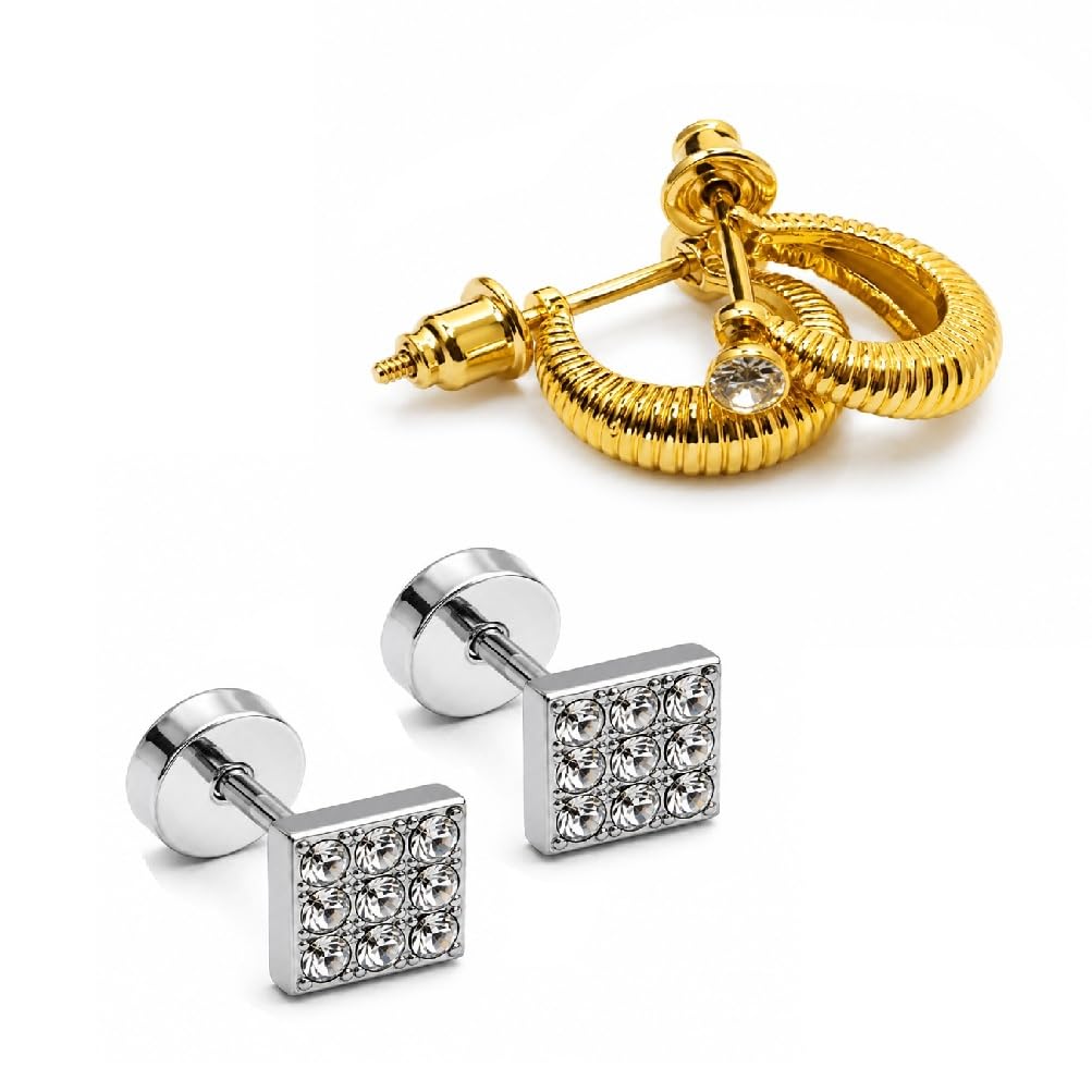 Combo of Men Silver Square & Golden Shell with Stone Pairs Ear Earrings Designer Hoop Stud Combo Daily Styling-image-34