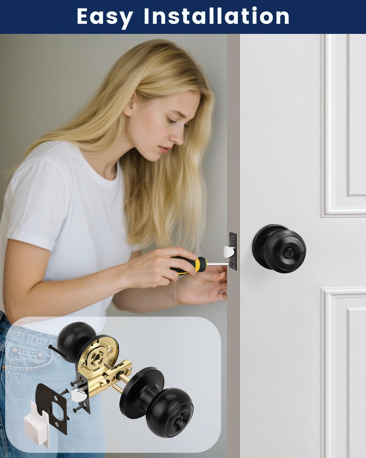 Matte Black Door Knobs - Keyless Privacy Locks -6