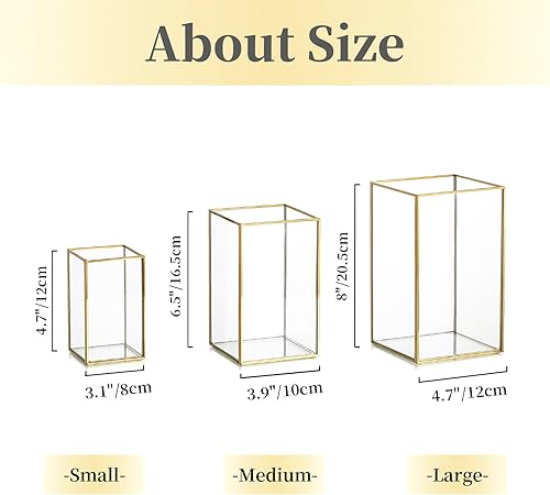 Miniatura 4 de Hewory Portavelas de cristal de huracán Portavelas dorado con marco de metal cuadrado juego de 3, candelabros transparentes para centro de mesa,
