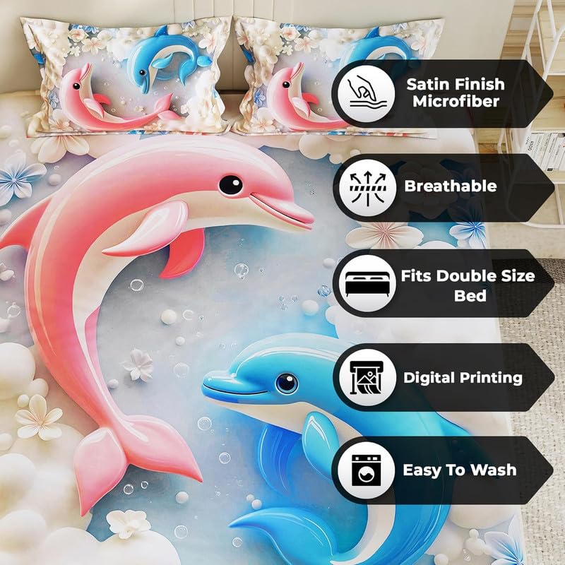 Image of Akshya 7D Digital Printed Glace Cotton Double Bed Sheet with 2 Pillow Covers - 300 TC King Size Bedsheet (90 x 100 inches, Blue Dolphin Cartoon Print