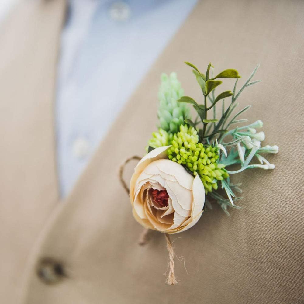 Artificial Peony Silk Flower Boutonniere Bouquet Corsage Wristlet Vintage Fake Succulent Plants Pink Peach for Wedding Decor 2 Pcs (Champagne)